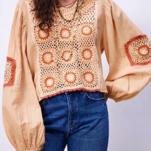 Zara Granny Square Crochet Medallion Front Full Sleeve Cropped Blouse